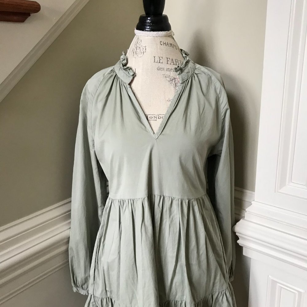 Sundry Tiered Panel Mini Dress Womens 1 Small Green Eucalyptus Long Sleeve VNeck - Picture 5 of 13